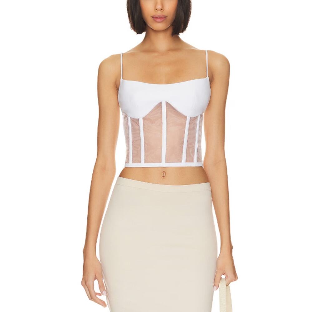 Rozie Corsets 'Tulle-Trimmed' White Crepe Corset Top Size L